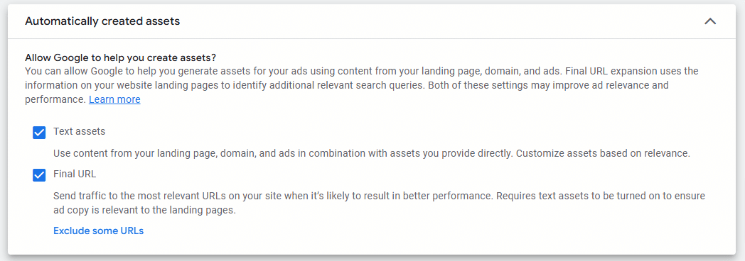 final url and text expansion options in google ads performance max campaign creation screen